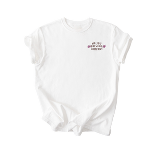 White sleeveless shirt with 'Malibu Brewing Company' logo on a white background