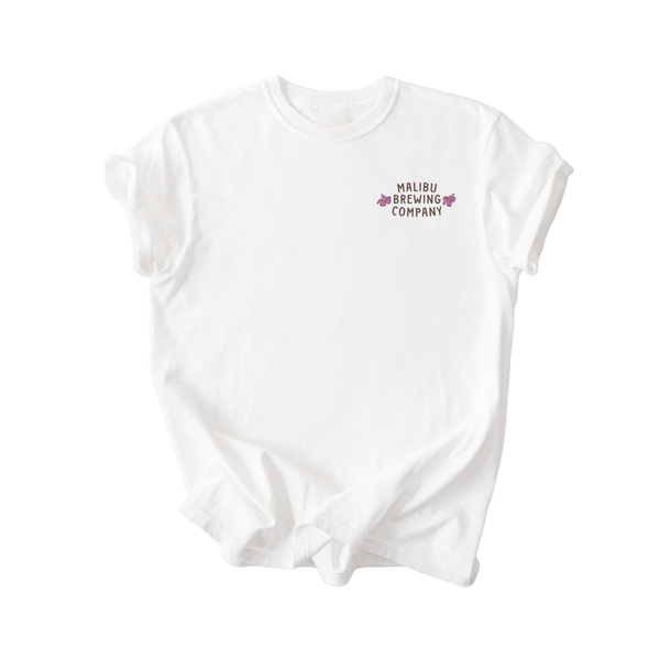 White sleeveless shirt with 'Malibu Brewing Company' logo on a white background