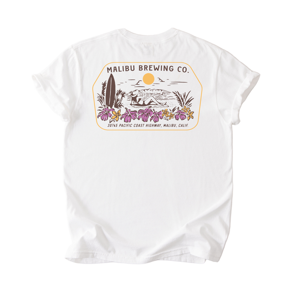 White t-shirt with Malibu Brewing Co. logo on a white background