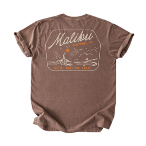 Brown t-shirt with Malibu Brewing Co logo on a white background